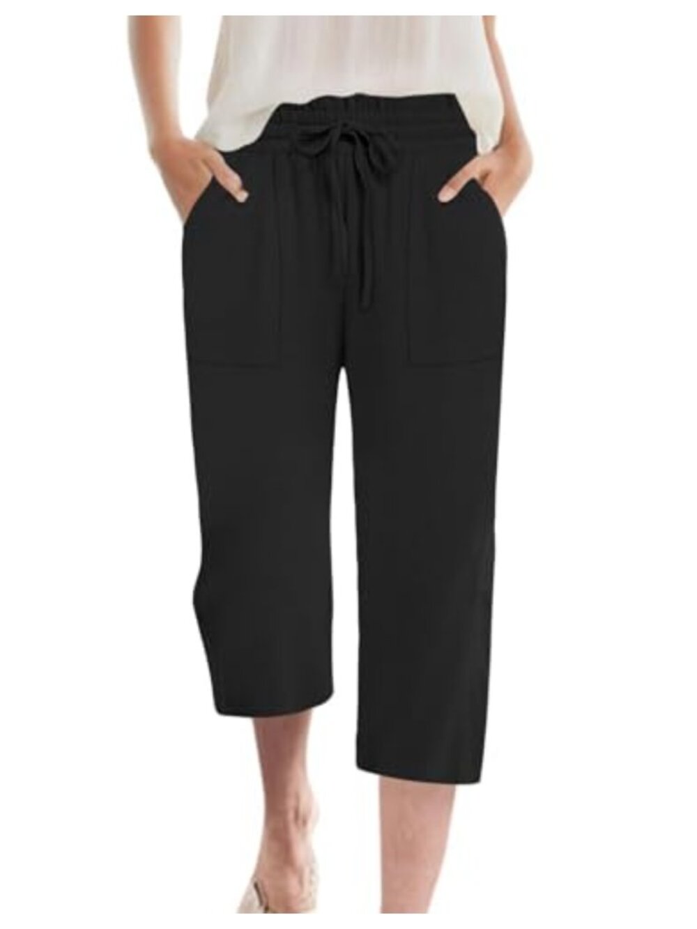 Wide Leg High Waisted Capri Pants Drawstring Pockets Flowy Cotton Blend Silk
